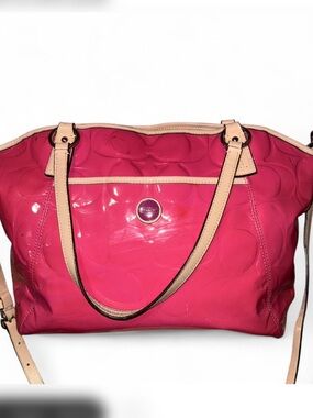 Coach Hot Pink Patent Leather Shoulder Tote with Tan Trim